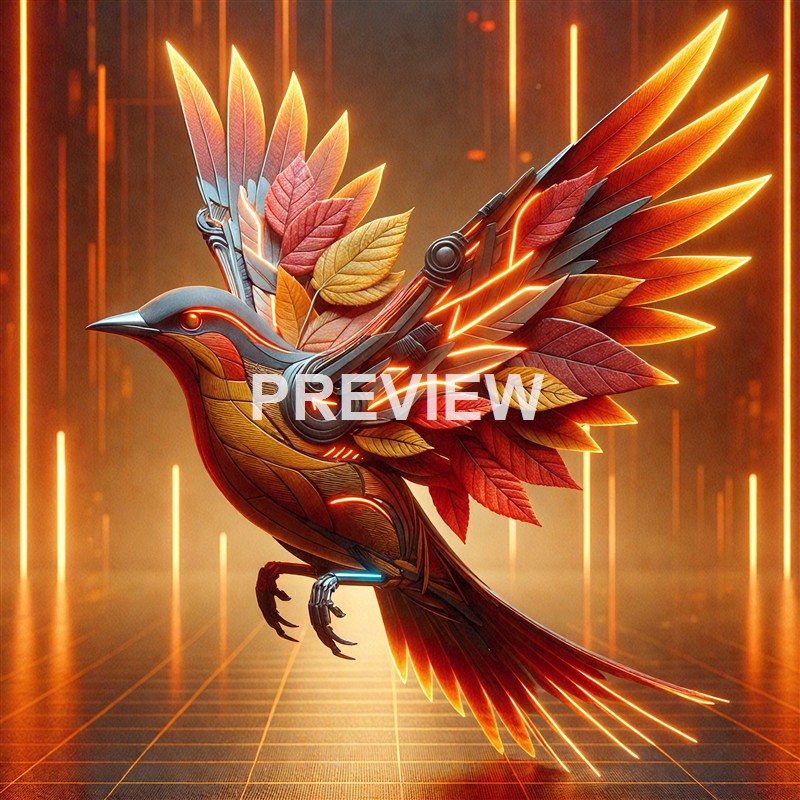 A highly detailed, futuristic bird composed of metallic and glowing elements with vibrant orange, red, and yellow leaves integrated into its wings, set against a digital, glowing background.